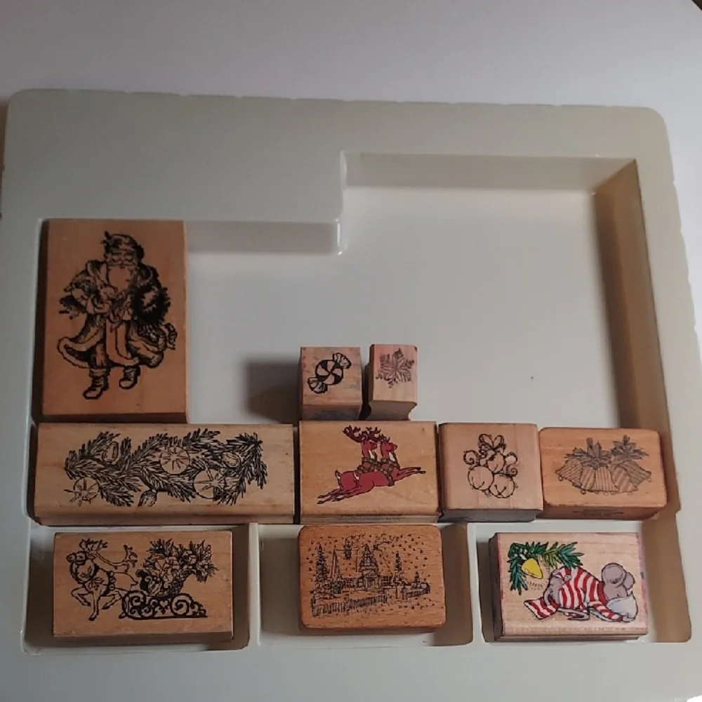 Rubber Stamps Christmas Theme Set Of 10 Holiday Wooden Stamps